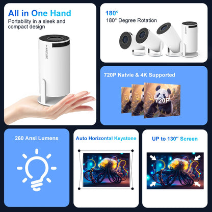 HY300 Pro 4K Portable Projector with Android 11, Dual WiFi, 260 ANSI Lumens, 180° Flexibility, and Bluetooth 5.0 for Outdoor Cinema